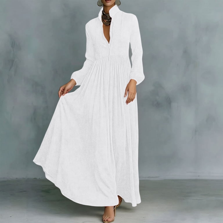 Otvok Women Long Sleeve Maxi Dress, Stand Collar Button Front Flowy Chiffon Dress, Pleated Waist Pocket Casual Beach Vacation Long Dress