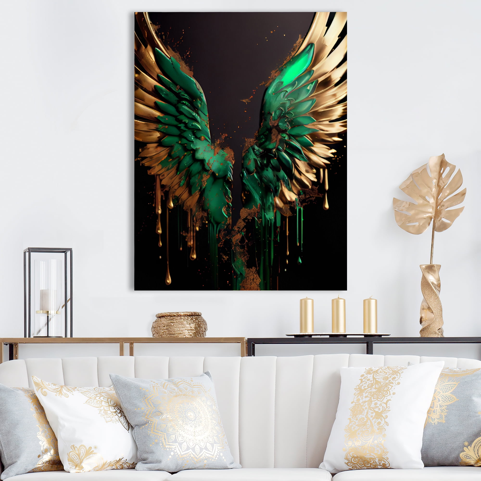 Designart Green And Gold Angel Wings I Canvas Wall Art