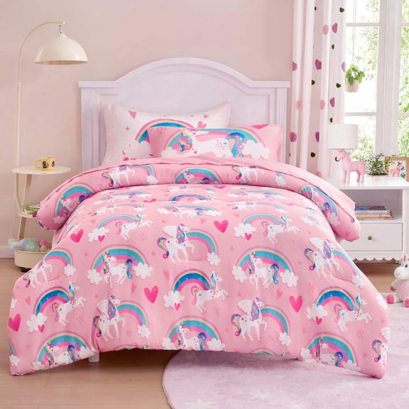 Joyfy Unicorn Rainbow Comforter Set 5-Piece for Kids, Twin Size Bed in a Bag for Boys & Girls, Super Soft Microfiber with Sheets & Pillowcase