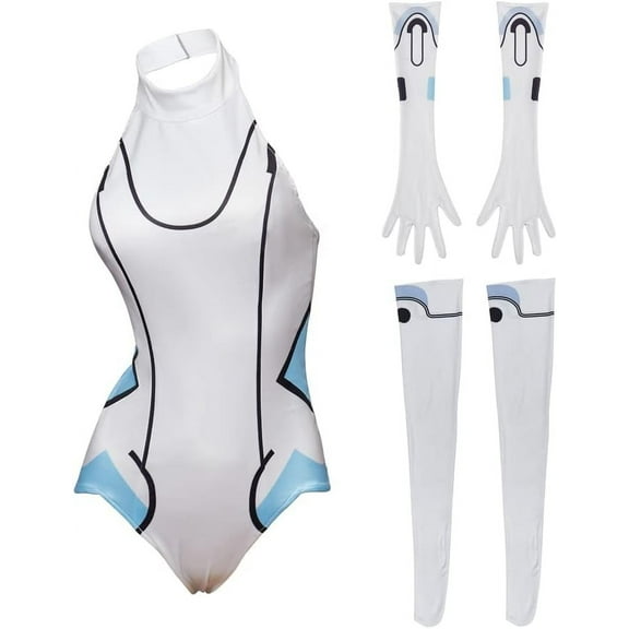 Women Noire White Heart Bodysuit Jumpsuit Outfit Set Complete with Gloves and Socks