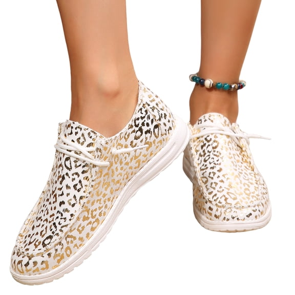QWKLEAJ Women’s Casual Shoes Soft Suede Moccasin Loafers, Polka Dot Printed Lace Up Round Toe Non Slip Flat Shoes for Daily Walking Office Comfort Footwear Gold 7.5