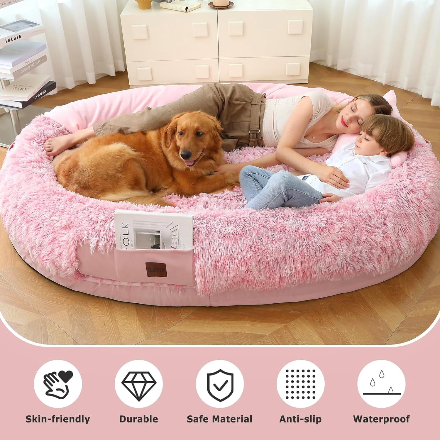 SWITTE Human Dog Bed for Adult, 71"x47"x13" Washable Large Human Size Dog Bed with Blanket for People Doze Off, Removable Giant Dog Bed with Pillow for Adult Pet - Pink