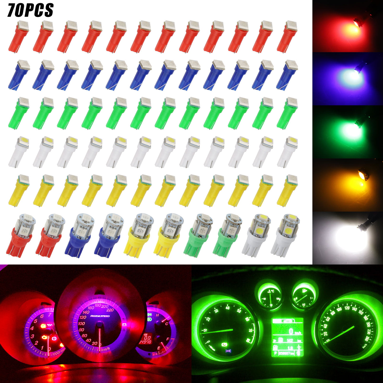 70pcs/Set T5+T10 LED Speedometer Instrument Gauge Cluster Dash Light Bulbs 12V 