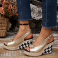 thumbnail image 3 of Rokment Women's Metallic Checkered Wedge Heeled Dressy Sandals Vintage Fashion Casual Leather Platform Chunky High Heels Slingback Summer Dress Shoes for Ladies Banquet Gold Size 6.5, 3 of 5