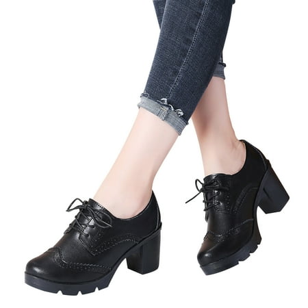 BLTIBY Women s Oxford Shoes Leather Lace-up Chunky Mid Heel Retro Carved Hollowed Out Lace Cut Round Toe Comfortable Casual Formal Work Shoes Black 43