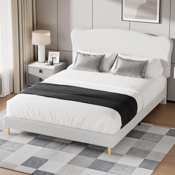 Garvee Queen Size Bed Frame with Upholstered Headboard, Soft Low Profile Sturdy Platform Bed for Home Office, Heavy Duty, Wooden Slats, Noise Free, No Box Spring Needed, White