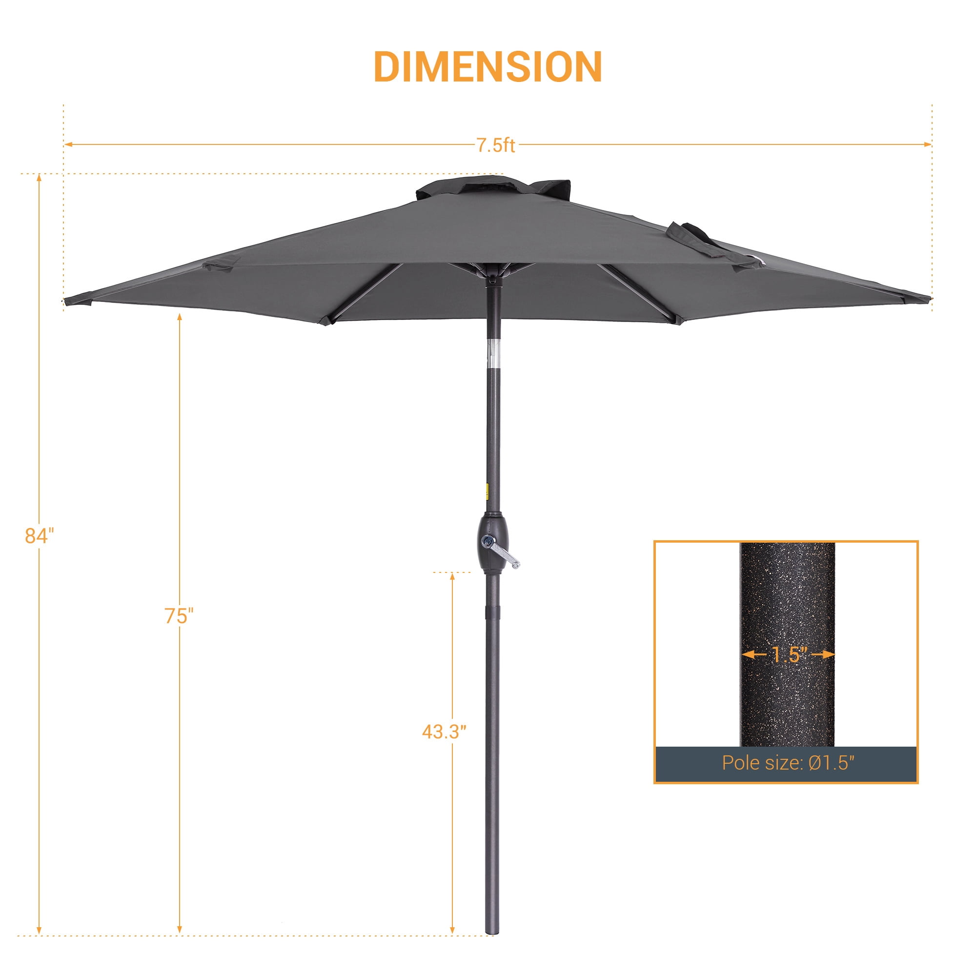 ACEGOSES 7.5ft Patio Umbrella, Outside Table Umbrellas With Non-Fading Polyester canopy, Anthracite
