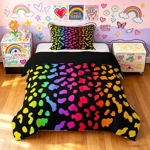 Manfei Ink Rainbow Twin Comforter Sets, Neon Leopard Print Bedding Set, Black Pink Orange, Black Reversible, 2 Pieces, 1 Comforter and 1 Pillowcase