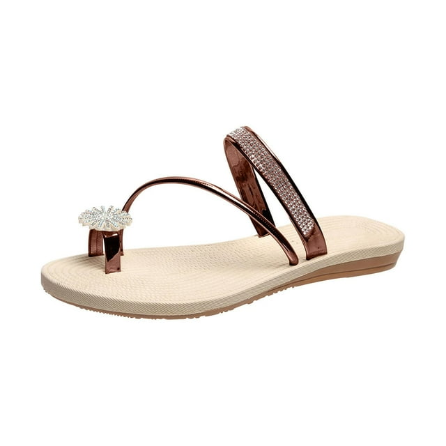 Pompotops Women Summer Clip-Toe Shoes Rhinestone Flats Casual Beach Sandals