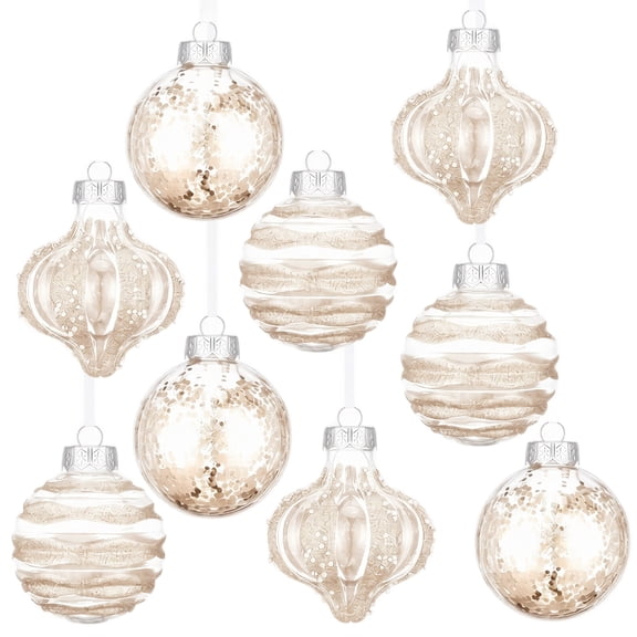 9 Pcs Hand‑Painted Christmas Tree Ornaments, 3.14 Inch Plastic Hanging Baubles, Champagne Xmas Balls for Holiday Home Party Decor