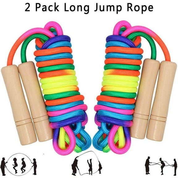 16 FT Long Jump Rope for Teens, 2 Pack Adjustable Double Dutch Skipping Rope with Wooden Handle, Multiplayer Rainbow Jumping Rope for Outdoor Fun, School Sport, Party