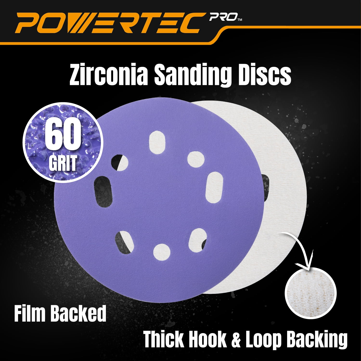 POWERTEC PRO 50PK, 5 Inch Sanding Discs Hook and Loop, 60 Grit, Zirconia Orbital Sander Sandpaper for 5 & 8 Hole Random Orbital Sanders - Automotive, Paint, Metal, Woodworking (45306Z-50)