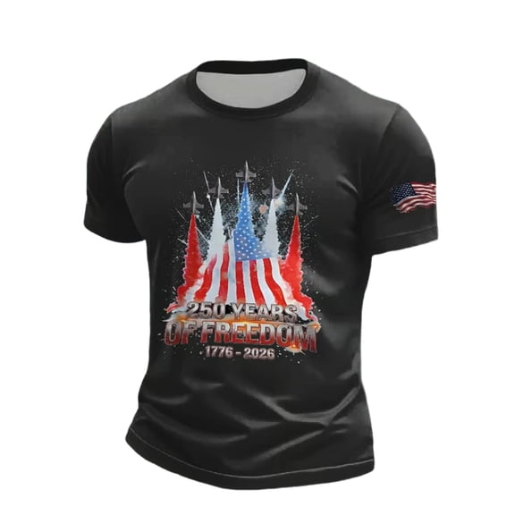 Rggeeun Men'S T-Shirts Stars And Stripes Patriotic 250 Years & Planes Graphic 1776-2026 Print Short Sleeve Crew Neck For 4th Of July Flag Raising Ceremony Freedom Tee,Black,L