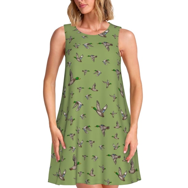 Easygdp Mallard Duck para Vestido Transpirable de Mujer, Vestido Suelto de Manga Corta con Pliegues y Bolsillos para el Verano