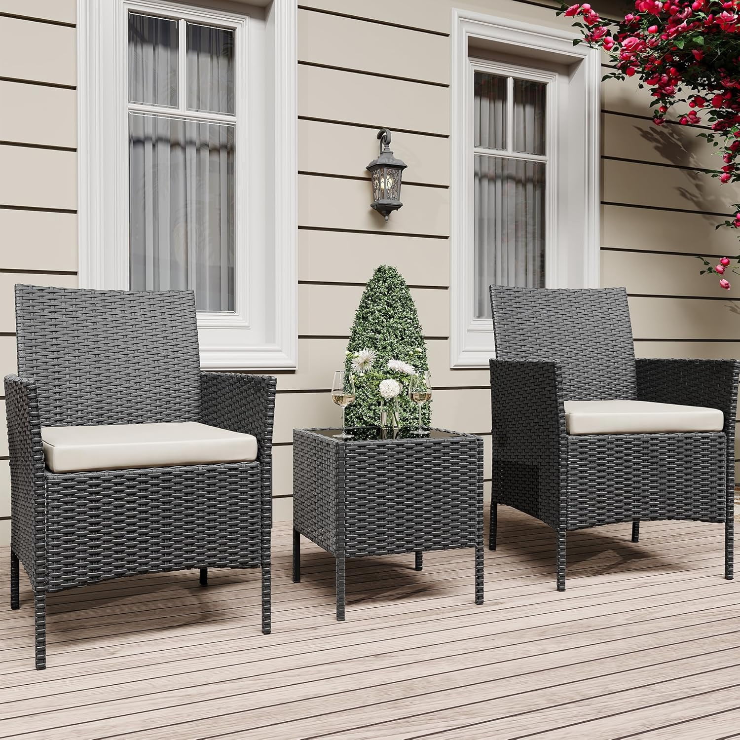 IdealHouse 3 Piece Patio Furniture Set, Rattan Outdoor Furniture with 2 Chairs & Coffee Table, Modern Outdoor Seating Conversation Bistro Set for Garden Backyard Porch (Black and Beige)