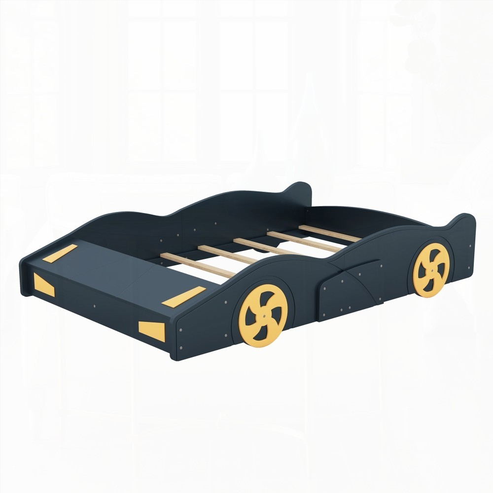 Full Size Dark Blue+Yellow Race Car-Shaped Platform Bed with Wheels and Storage