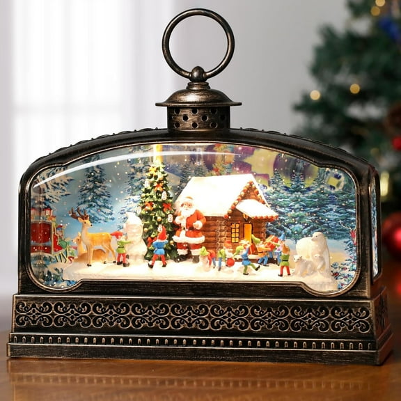 Santa Claus & Elf Reindeer Tree Scene Snow Globe Lantern - Lighted Musical Christmas Decor With 6H Timer, Swirling Glitter | USB/Battery Operated For Indoor Home