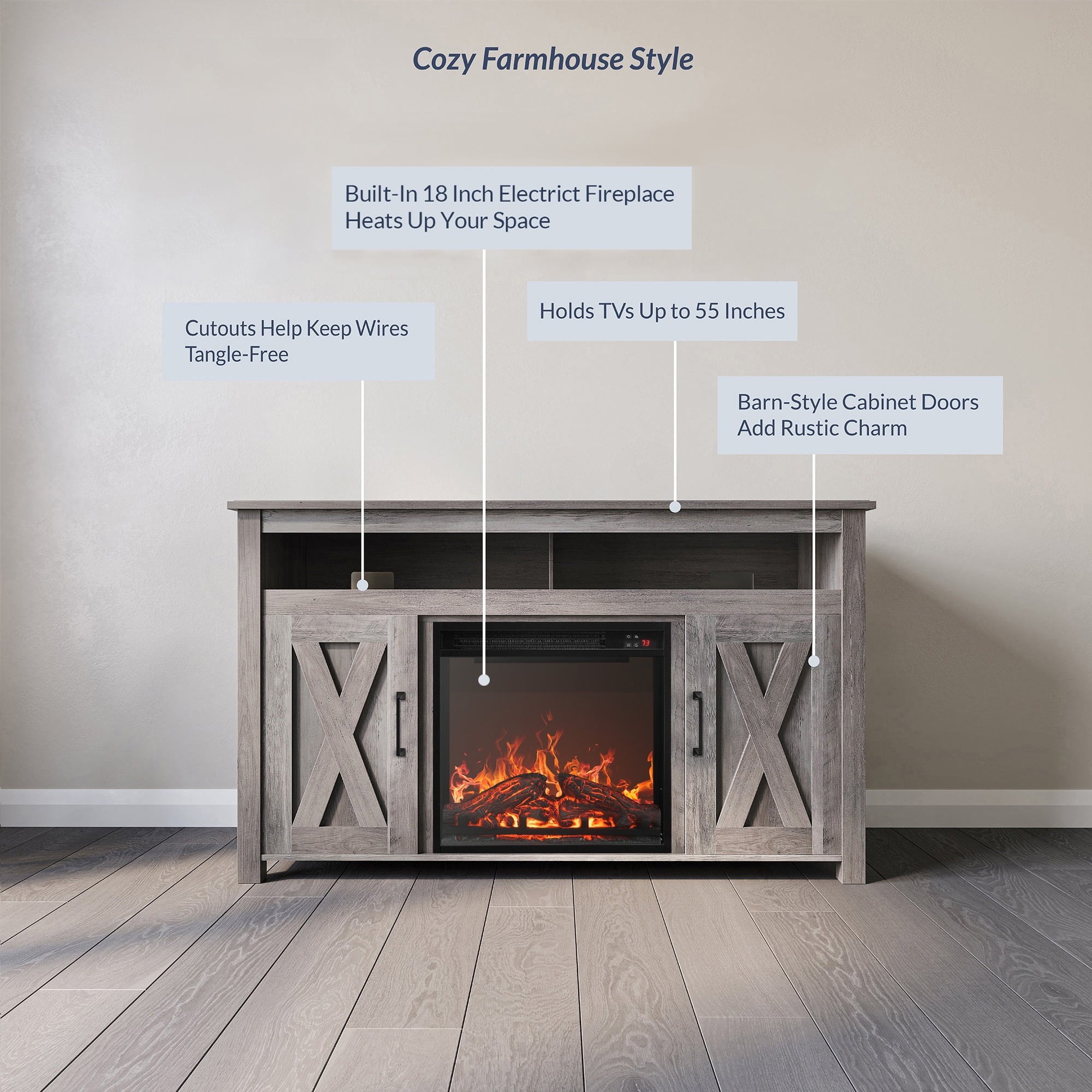 BELLEZE 48" Barn Door TV Stand Media Entertainment Center For TVs up to 50" with 18" Fireplace - Corin (Gray Wash)