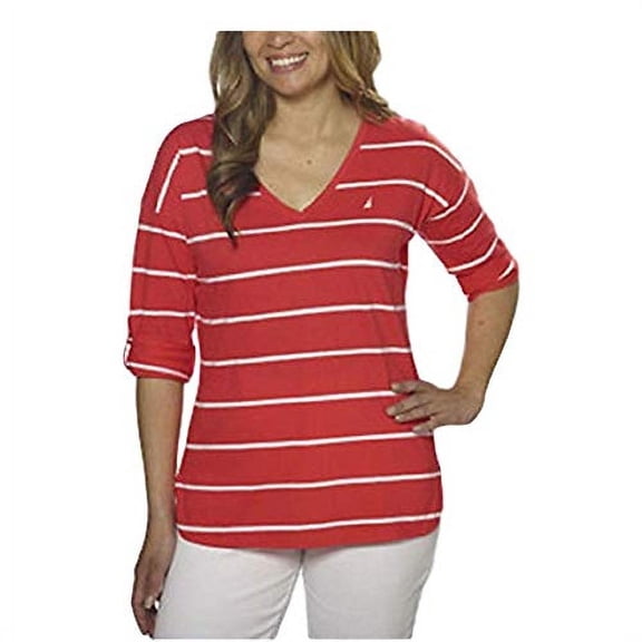 Nautica Ladies V-Neck Top with Roll Tab Tee (Medium, Red)