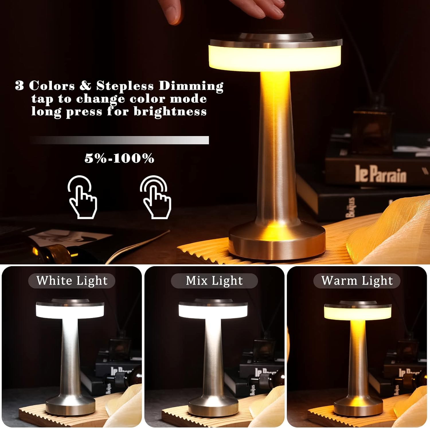 DERCLIVE Led Portable Metal Table Lamp with Touch Sensor 3 Color Stepless Dimming Nightstand Desk Lamp Rechargeable Bedside Lamp