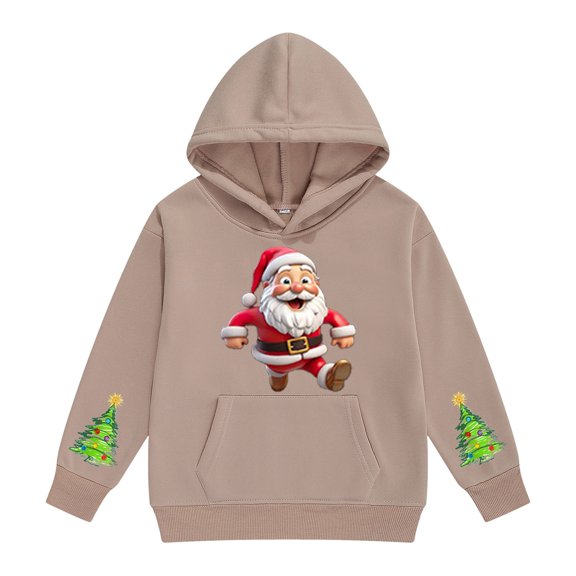 UACY Girls Christmas Hoodie Kids Cute Preppy Fleece Lined Long Sleeve Santa Claus Graphic Hooded Sweatshirt Fall Winter Pullover Tops (Khaki, 9-10 Years)