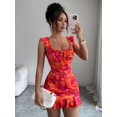 thumbnail image 5 of Hot Pink Off-Shoulder Ruffle Hem Floral Print Fitted Sleeveless Mini Dress With Tie Front, 5 of 7