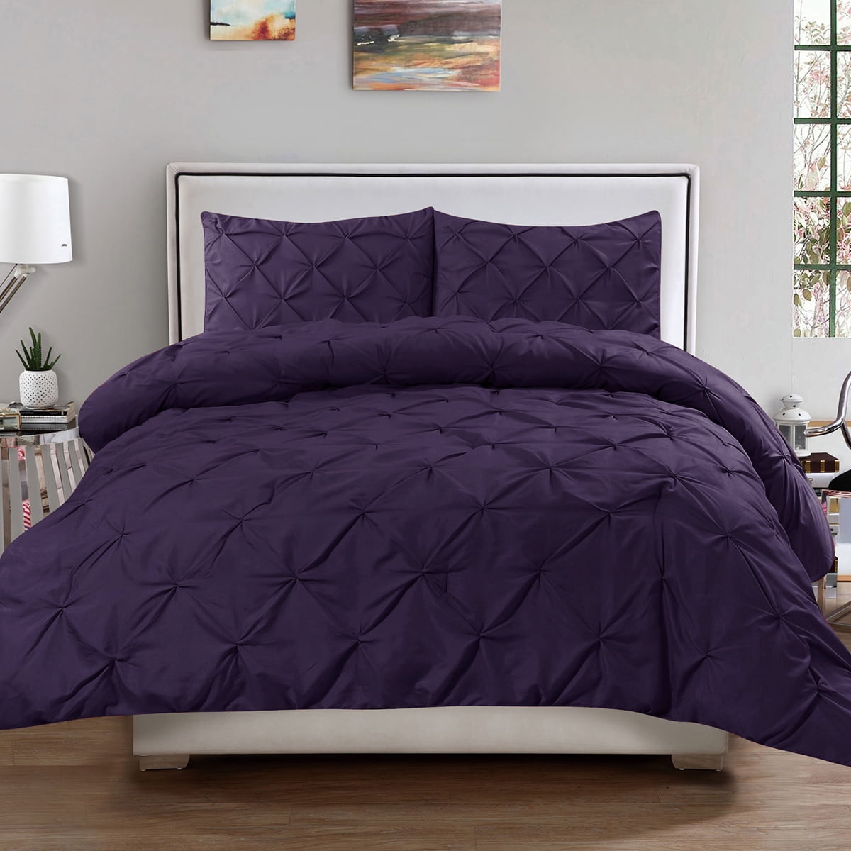 Duvet Cover & Pillow Sham Set Luxury 3 Piece Pinch Pleat Pintuck