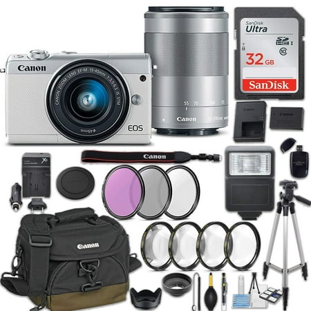 Canon EOS M100 Mirrorless Digital Camera w/EF-M 15-45mm f/3.5-6.3 & EF-M 55-200mm f/4.5-6.3 IS STM Bundle White + Canon Gadget Bag + 32GB Memory + Professional Accessories - Filters, Macros & (Best Macro Camera Under 200)