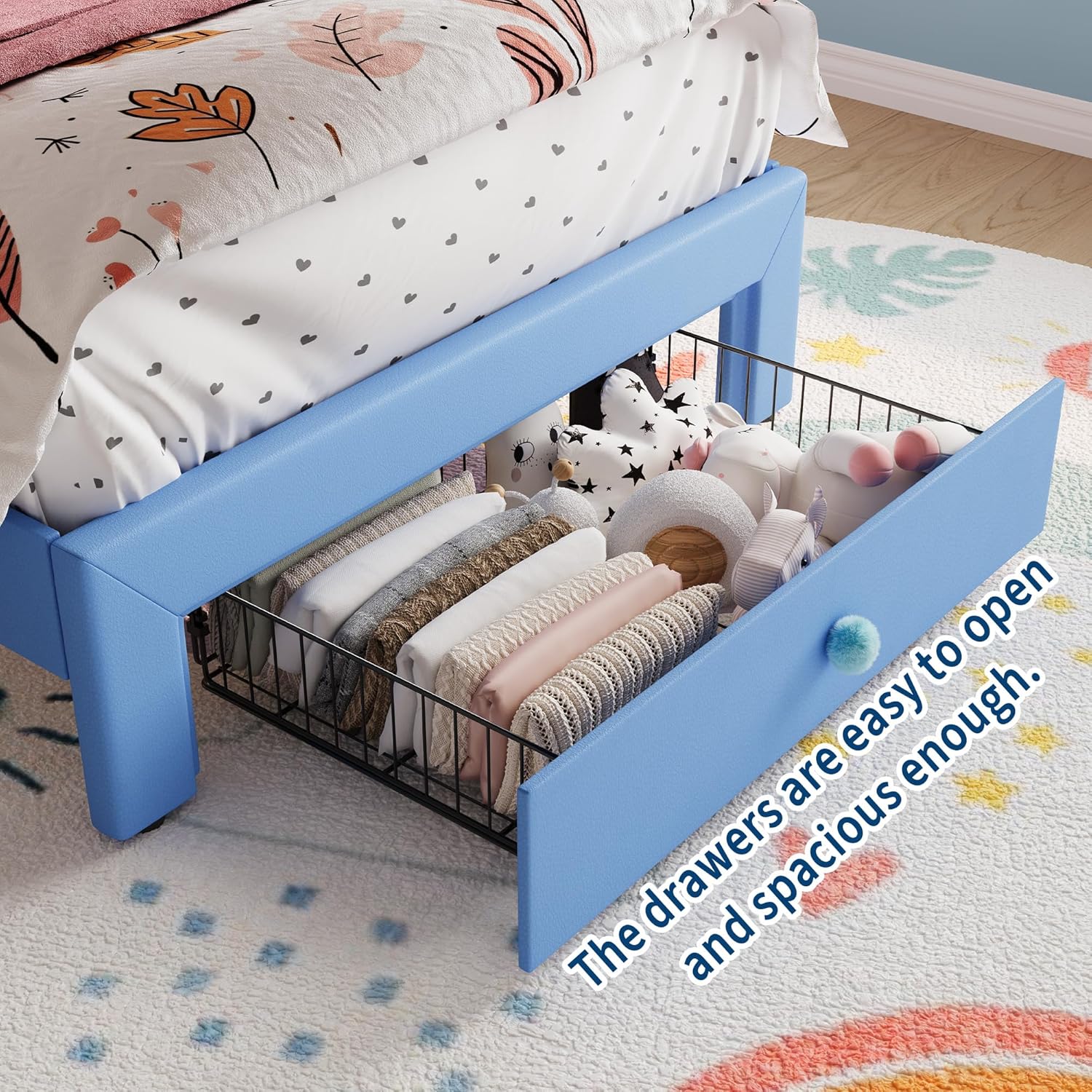 Twin Size Bed Frame with LED Lights & Velvet Upholstered Girls Platform Bed with Storage Drawers,No Box Spring Needed,Easy Assembly, Noise Free,Blue