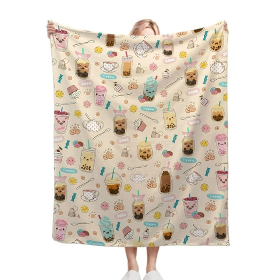Boba Blanket Dessert Blanket for Kawaii Bubble Tea Lover Dessert Food Gifts for Girl Women Super Soft Flannel Throw Blanket for Sofa Bed Camping Plush Warm Cozy Home Decor,50x60 for Throw/Travel