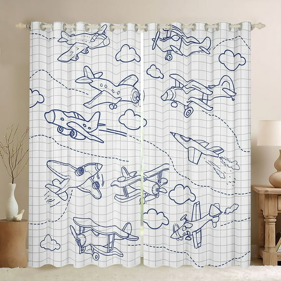 Homewish Cartoon Helicopter Print Black Out Curtains, Square Buffalo Plaid Curtains Pack of 2 (42x63 Each), Teens Kids Boys Girls Bedroom Curtains, Curtains and Drapes Decor