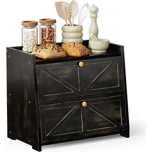 Vintage Double Layer Bread Box for Kitchen Counter Bamboo Bread Storage Container Large Capacity Bread Storage Bin (Antique Black)