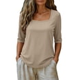 thumbnail image 6 of Migroa Scoop Neck Elbow Length Half Sleeve Tops for Women 1/2 Sleeve T-Shirt Casual Summer Loose Basic Tees Summer Going Out Work Cute Shirts Trendy 2026 Khaki Xl, 6 of 6