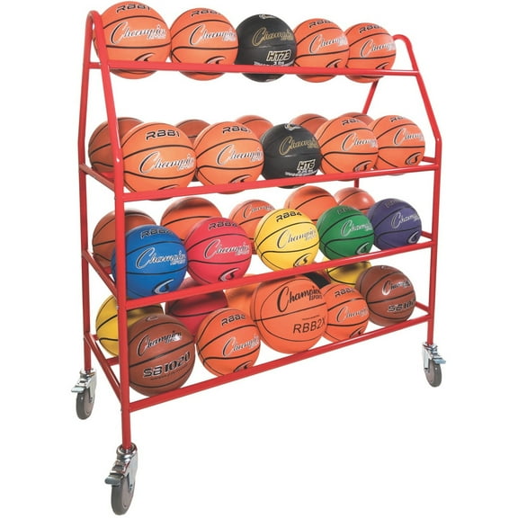 Champion Sports Double Wide Four Tier Basketball Storage Rack Cart with Locking Swivel Caster Wheels, 48 Ball Capacity (Chrome)