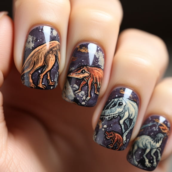 24Pcs for Women Shimmering Dinosaur Nails Full Covers on Nails for Independence Day Festivities