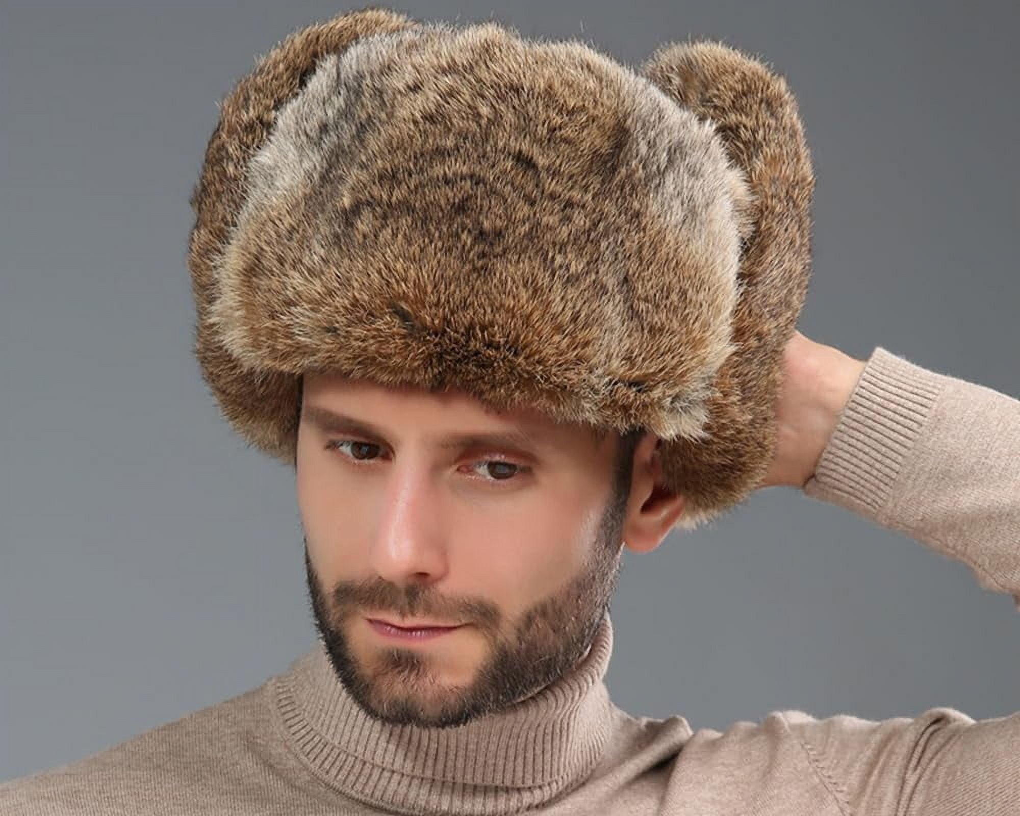 Earflap Trapper Hat for Winter Aviator Windproof Hat Ski Trooper Hat Cap Faux Rabbit Fur Cap for Men Women