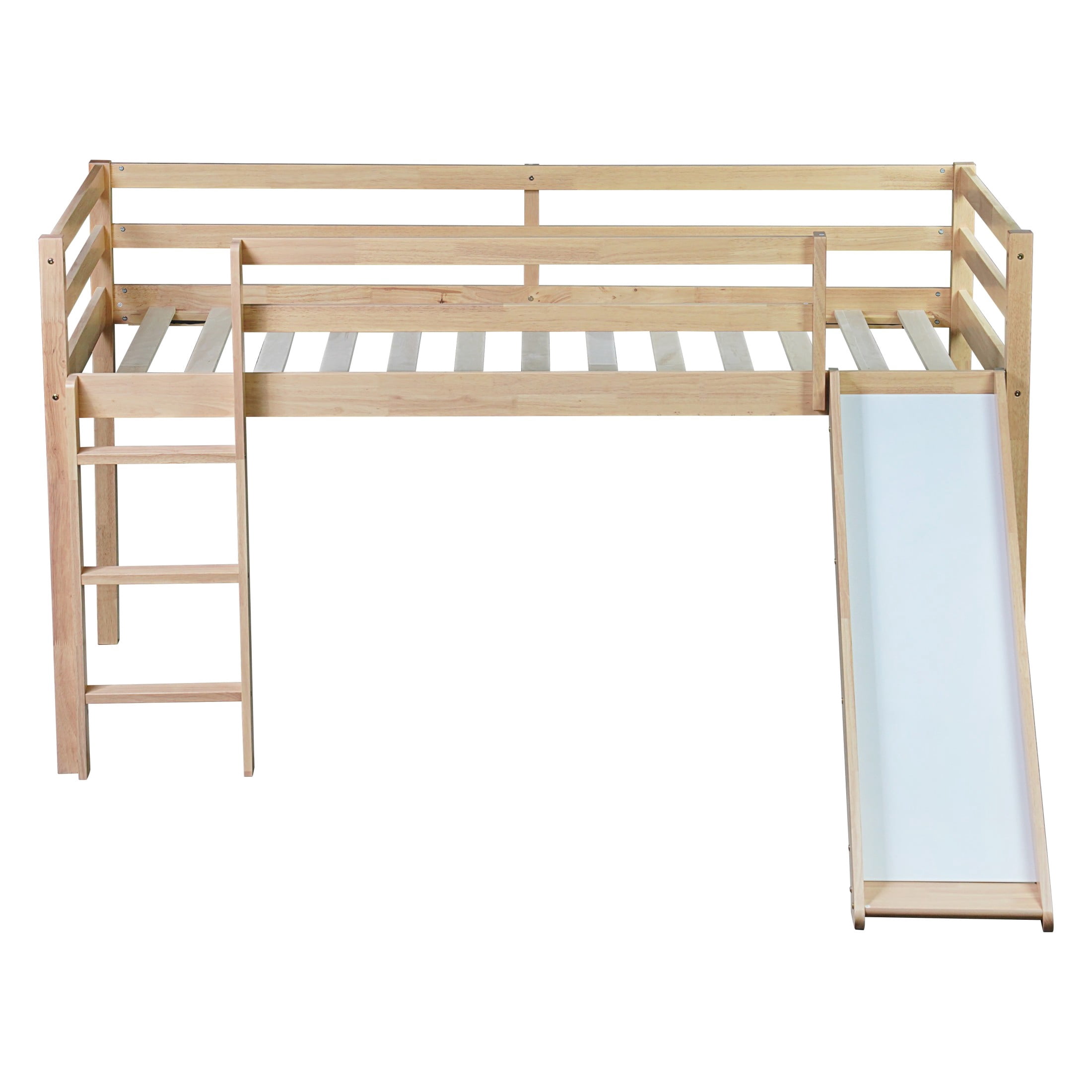 Noble House Illis Twin Loft Bed with Slide and Built-in Ladder, Solid Rubber Wood Bed with Safety Guardrails, Natural
