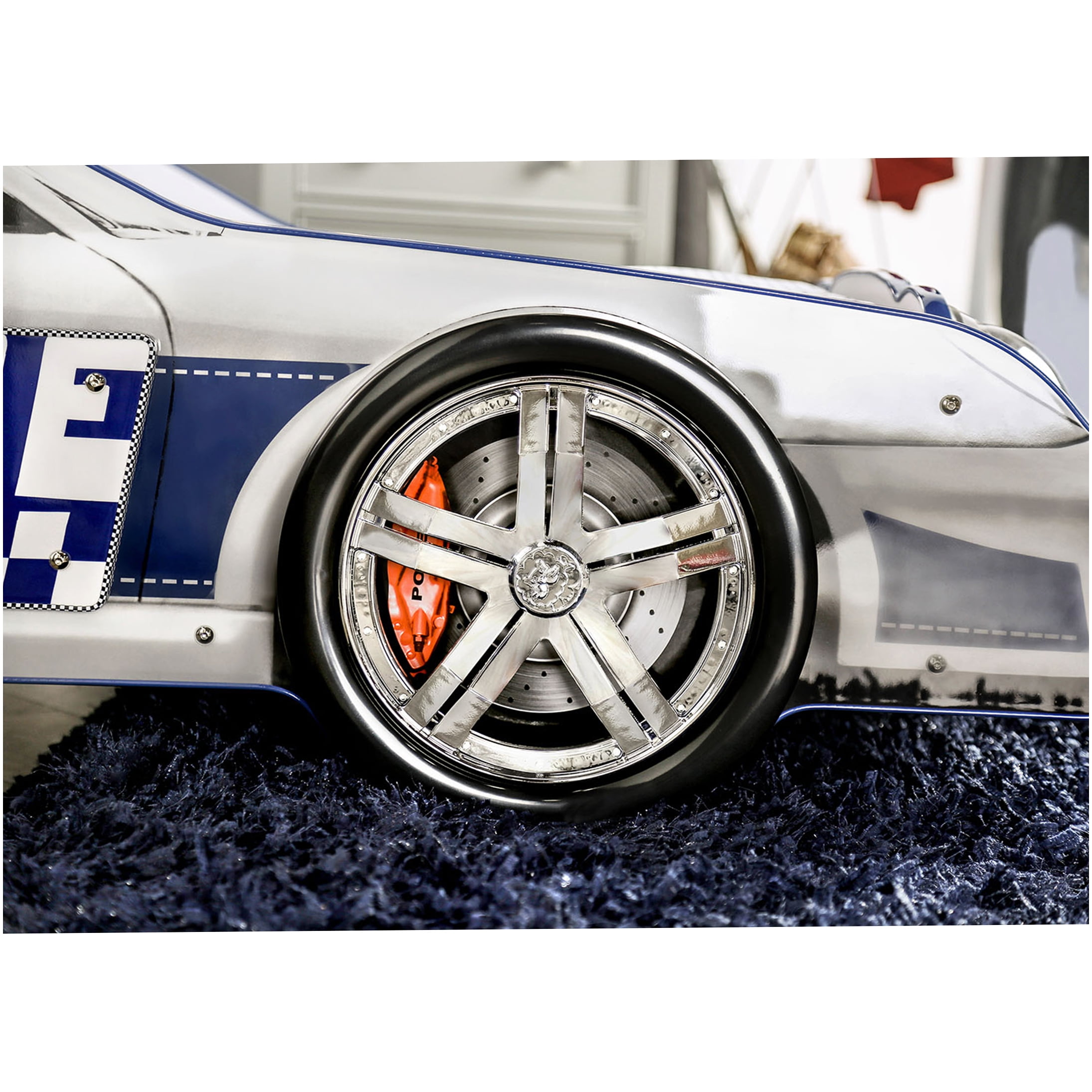 Modern Police Car Twin Bed with LED Lights, High Gloss Metal Frame for Enhanced Stability