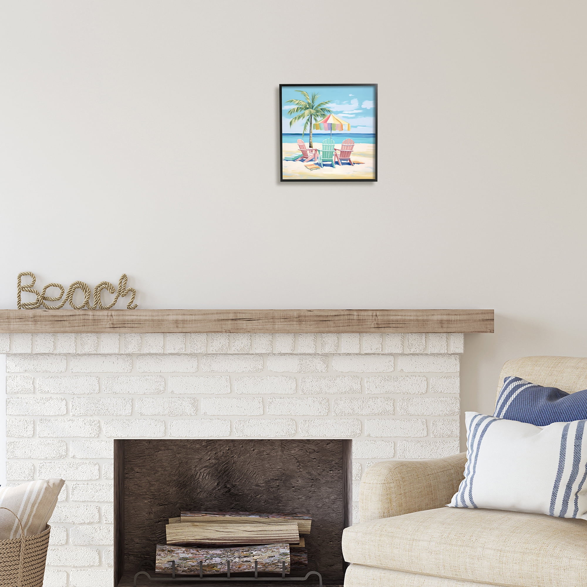 Stupell Industries Pastel Beach Umbrella Scene Landscape Painting Black Framed Art Print Wall Art, 12 x 12