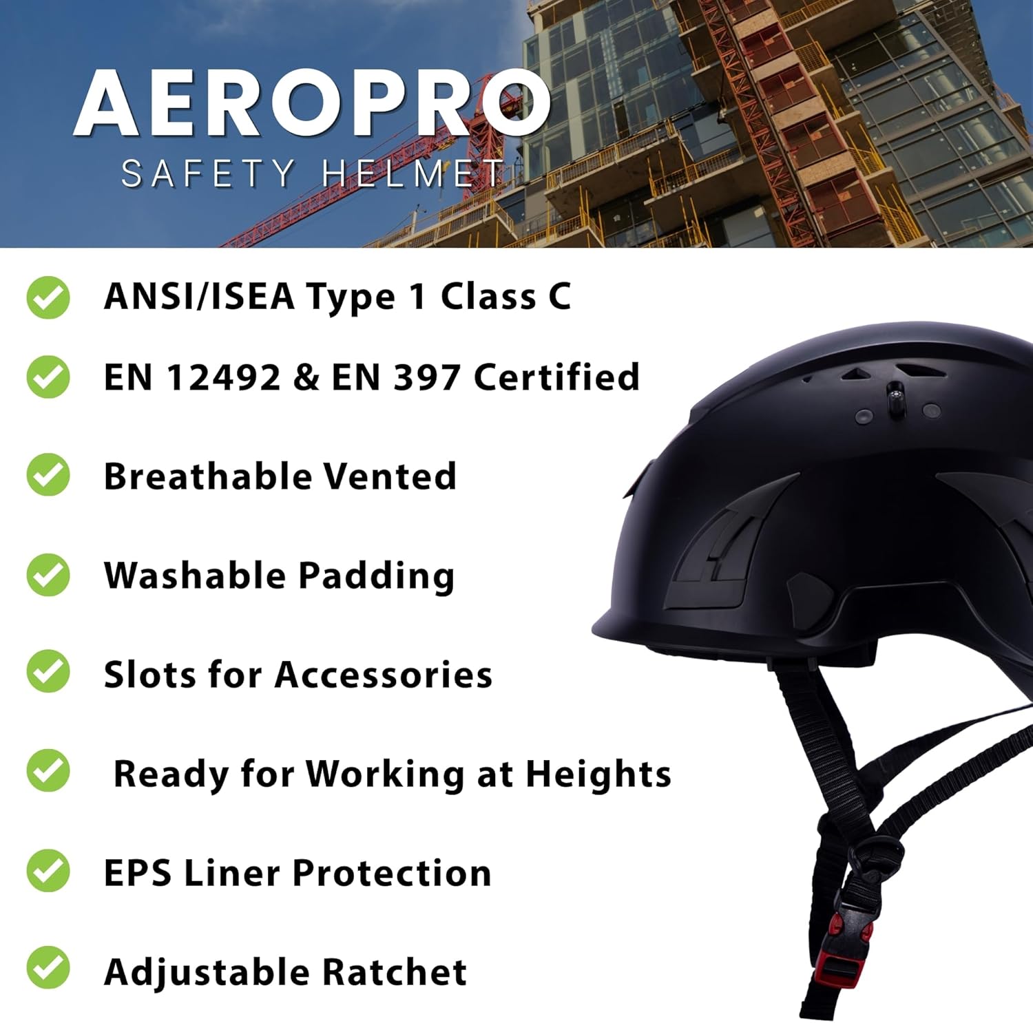 Land Helmets AeroPro Arborist Safety Helmet with Visor – ANSI Z89.1 Type 1 Class C Vented - Hard Hat for Fall Protection, Arborist & Technical Rescue - Black with Smoke Visor