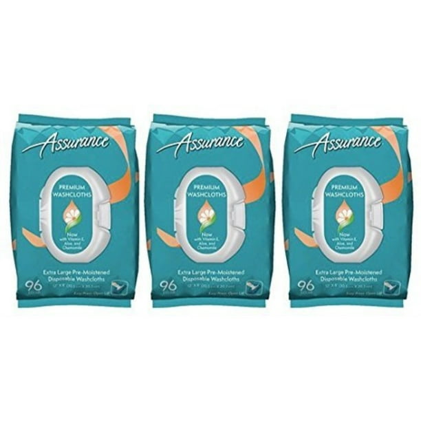 Assurance Premium Extra Large Pre Moistened Disposable Washcloths Easy Press Open Lid 96ct 3 Packs 288ct Total Walmart Com Walmart Com