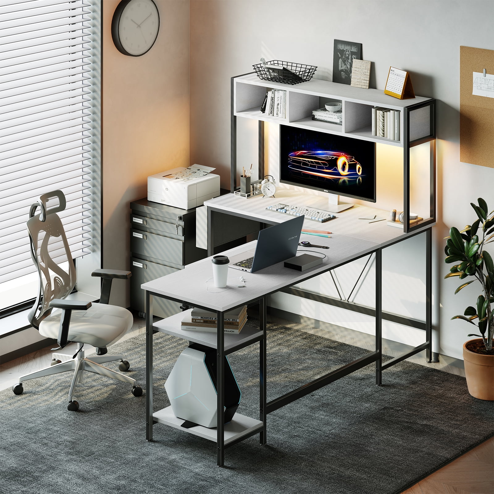 MCQ 94.5" Large L-Shaped Gaming Desk with LED Lights, Power Outlets, Drawer, Keyboard Tray & Hutch, White