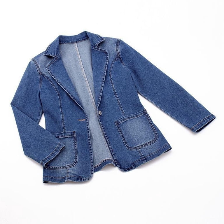 Ebossy Women's Denim Blazer Jacket - Classic Notch Lapel Office Jean Jacket With Slim Fit