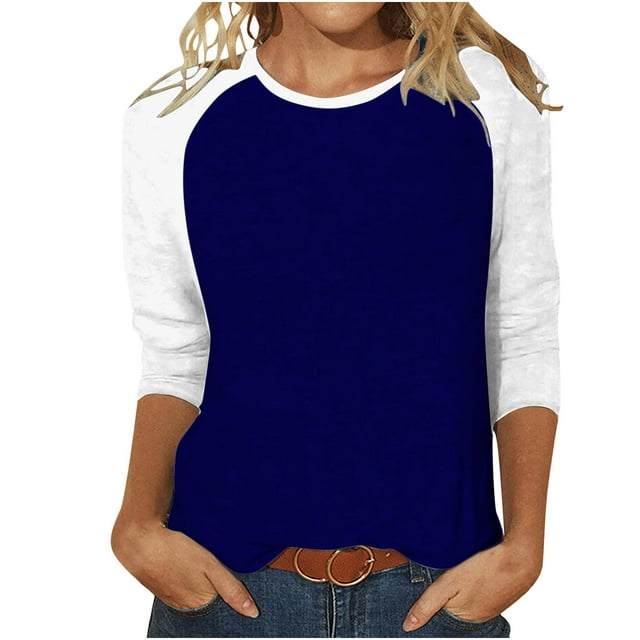 FNFYFH Chandails Raglan pour Femmes Chic Manches 3/4 T-Shirt de Baseball Tunique Col Ras du Cou T-Shirt à Blocs de Couleur Été Tendance Manches 3/4 Hauts Mignons Décontractés Coupe Ample Haut Respirant Prime Day Liquidation