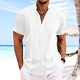thumbnail image 2 of Men's Cotton Linen Henley Shirt Short Sleeve Casual Summer Band Collar Beach T-Shirts Button-up Solid T-Shirt, 2 of 6