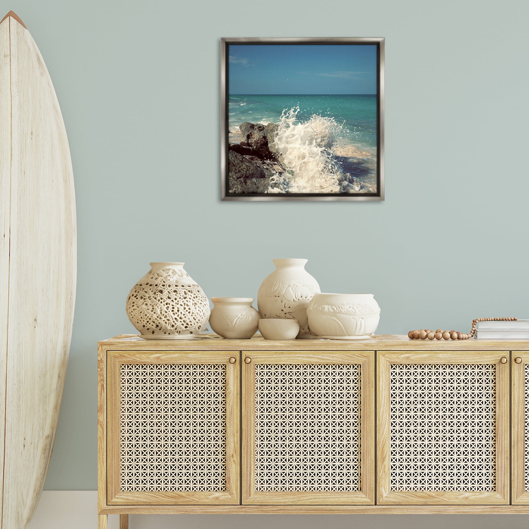 Stupell Industries Splashing Beach Spray Coastal Photography Gray Floater Framed Canvas Art Print Wall Art, 25 x 25
