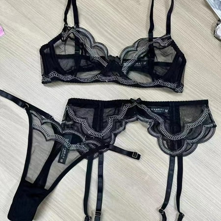 HHH Sexy Lace Lingerie Ultra-Thin See-through Big Chest Show Sexy Embroidery Bra Set Three-Piece Set