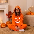 thumbnail image 4 of Warm Holiday Couple Costume, Matching Pumpkin Plush Onesie Jumpsuit, Full Body Coral Fleece Halloween Couple Costume With 3D Stem Hood, Classic Jack O Lantern Face Graphic Loungewear, Ginger XL, 4 of 4