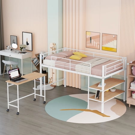 Twin Size Loft Bed with Built-in Desk w/ Casters  Metal Loft Bed Frame with Storage Shelves and Full-length Guardrails  Space Saving Bedframe for Kids Teens Bedroom Dorm  White