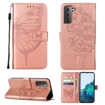 Dteck Samsung S21 Case, Butterfly Patterned Wallet Case, Magnetic Hand Strap Credit Card Holder Slots Synthetic Leather Kickstand Protective Cover For Samsung Galaxy S21, Rosegold